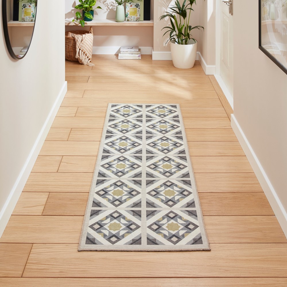 Victoria H1187 Modern Geometric Washable Runner Rugs in Grey Yellow